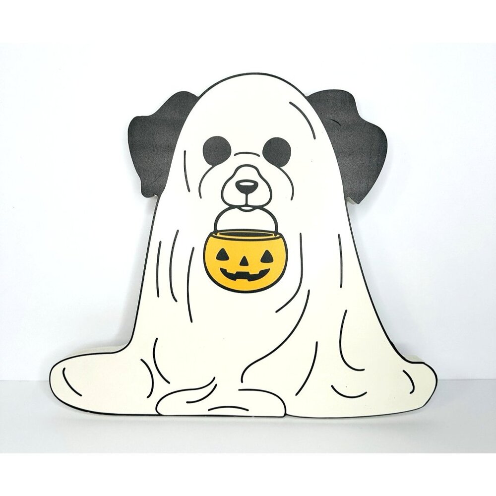 Wooden Dog Ghost Halloween Decoration Pumpkin Trick Or Treating 11.75x12.5x1”